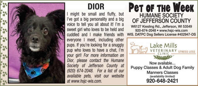 Pet Of The Week, Lake Mills Veterinary Clinic, Lake Mills, WI