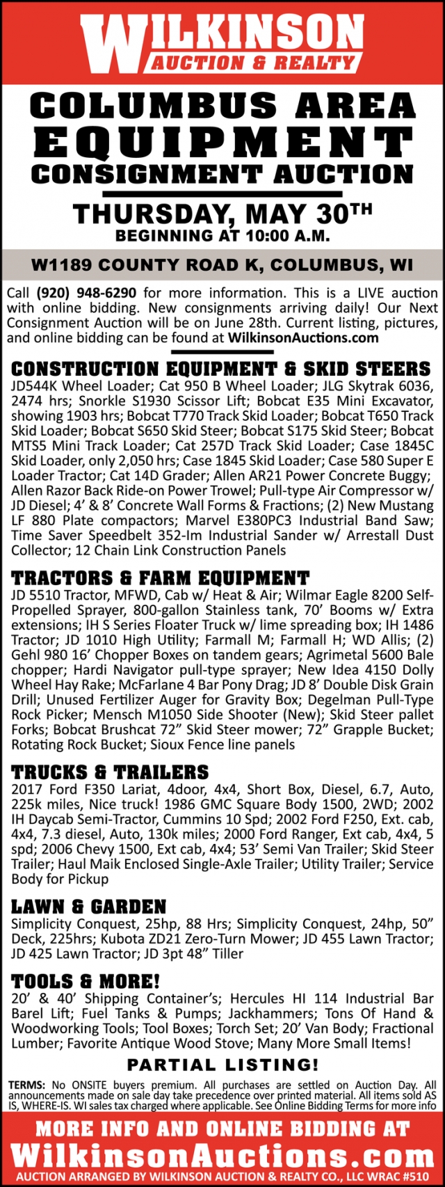 Columbus Area Equipment Consignment Auction, Wilkinson Auctions, Muscoda, WI