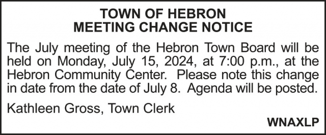 Meeting Change Notice, Town of Hebron, Fort Atkinson, WI