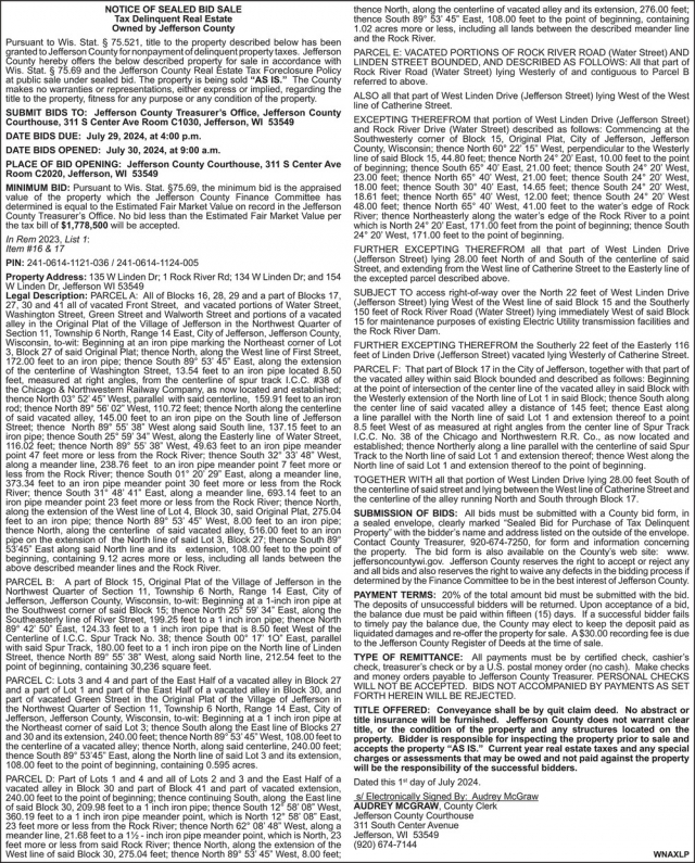 Notice of Sealed Bid Sale, Jefferson County WI Government, Jefferson, WI