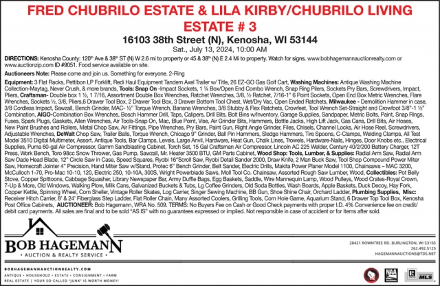 Fred Chubrilo Estate & Lila Kirby / Chubrilo Living Estate #3, Bob Hagemann Auction & Realty Service, Burlington, WI