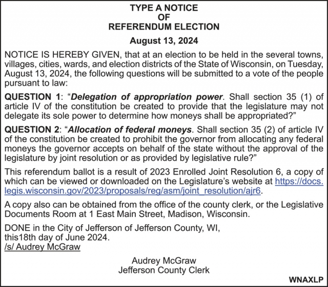 Type A Notice of Referendum Election, Audrey McGraw - Jefferson County