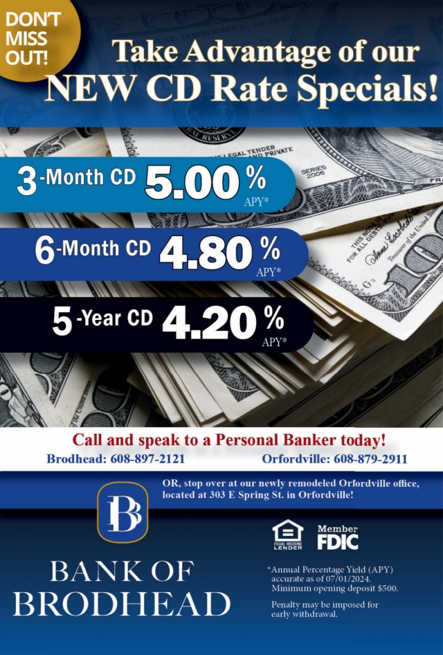 New CD Rate Specials!, Bank Of Brodhead, Brodhead, WI
