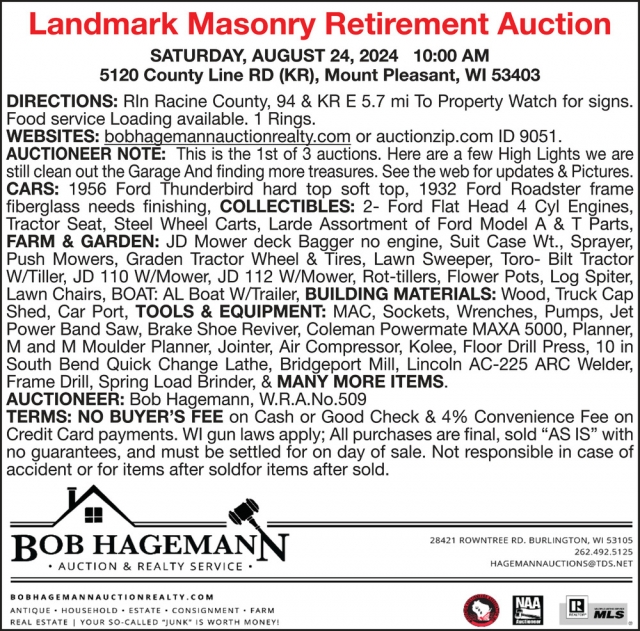 Landmark Masonry Retirement Auction, Bob Hagemann Auction & Realty Service, Burlington, WI