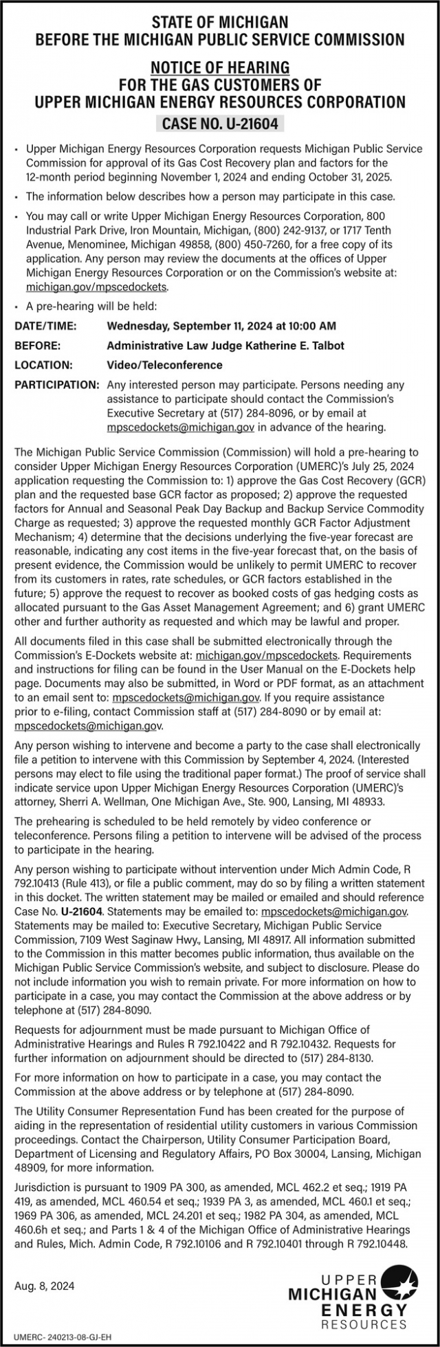 Notice of Hearing, Upper Michigan Energy Resources