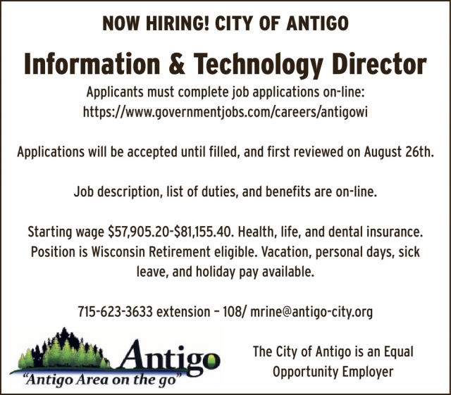 Information & Technology Director, City of Antigo, Antigo, WI