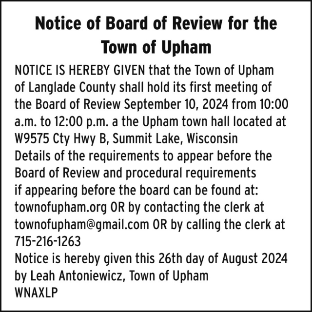 Notice, Town of Upham, Summit Lake, WI