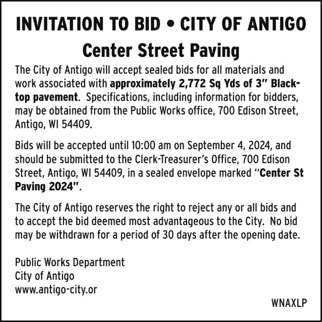 Invitation to Bid, City of Antigo, Antigo, WI