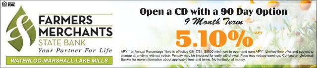 Open a CD with a 90 Day Option, Farmers Merchants State Bank, Oconomowoc, WI