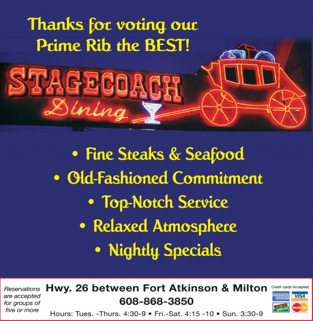 Fine Steaks & Seafood, Stagecoach Inn, Fort Atkinson, WI