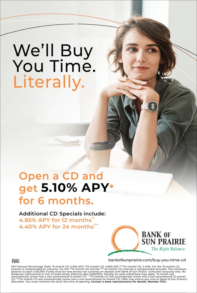 Open a CD and Get 5.10% APY*, Bank of Sun Prairie, Cottage Grove, WI