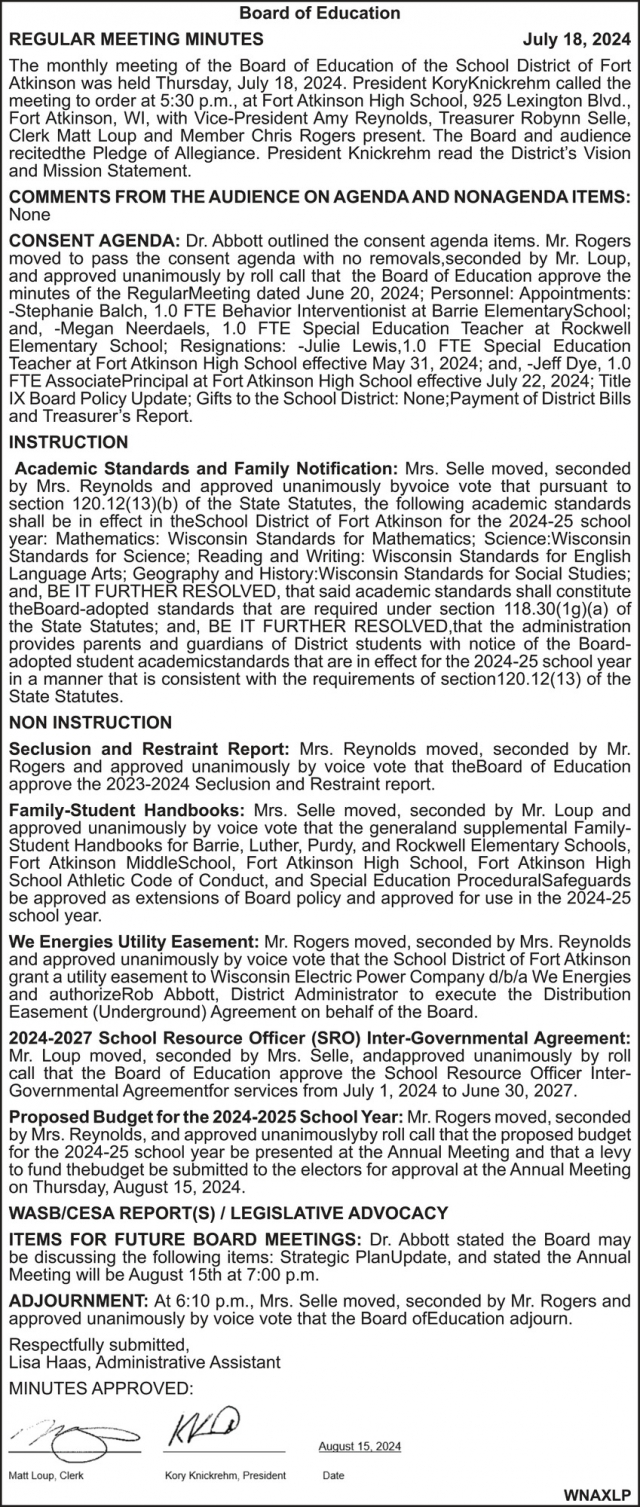 Regular Meeting Minutes, School District of Fort Atkinson, Fort Atkinson, WI