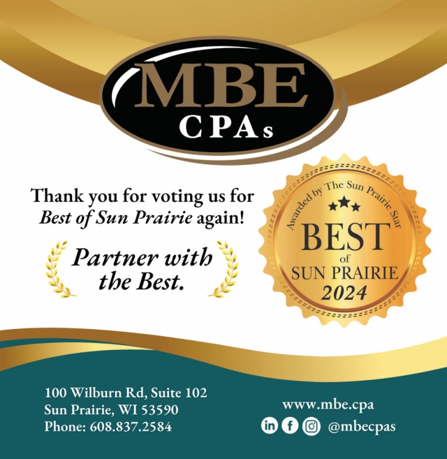 Thank You for Voting Us Best of Sun Prairie Again!, MBE CPA's, Sun Prairie, WI