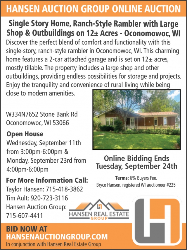 Online Auction, Hansen Auction Group, Downing, WI