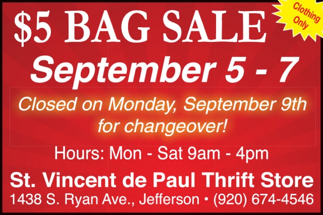 $5 Bag Sale, St. Vincent de Paul - Jefferson, Jefferson, WI