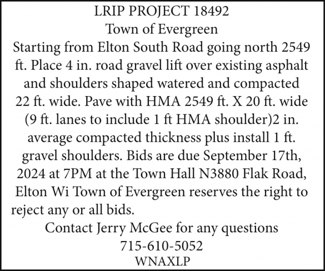 LRIP project 18492, Town of Evergreen, White Lake, WI