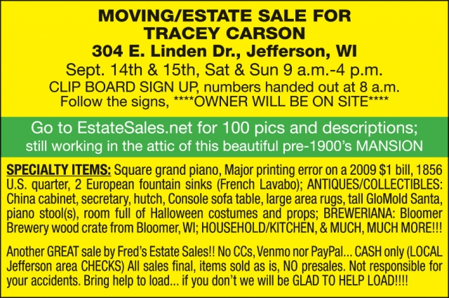 Specialty Items, Moving/Estate Sale for Tracey Carson (September 14 & 15, 2024)