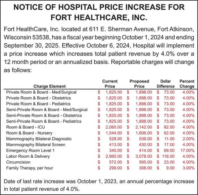 Notice, Fort HealthCare for Health, Fort Atkinson, WI