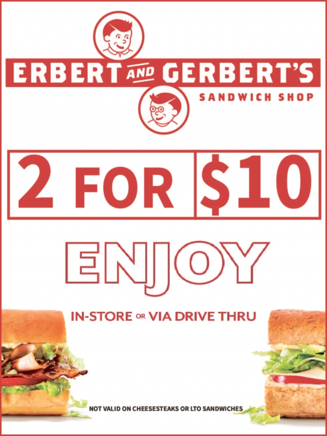 2 for $10, Erbert and Gerbert's Sandwich Shop - Antigo, Antigo, WI