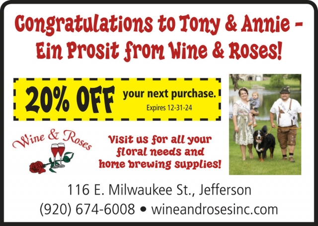 20% Off, Wine & Roses, Jefferson, WI