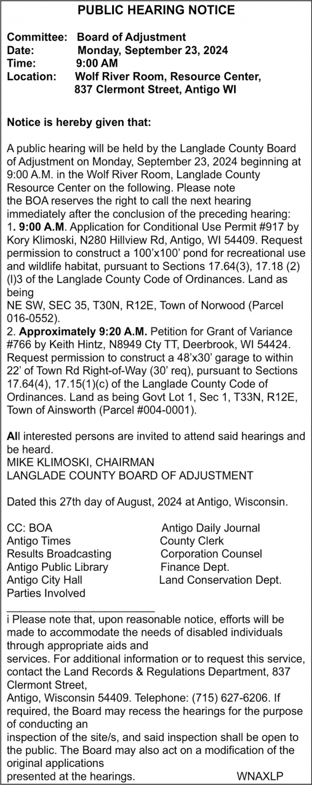 Public Hearing Notice, Langlade County