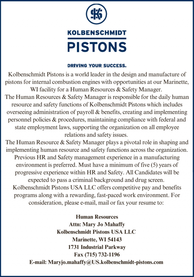 Human Resources & Safety Manager, Kolbenschmidt Pistons, Marinette, WI