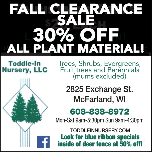 Fall Clearance Sale, Toddle-In Nursery, LLC, Mcfarland, WI