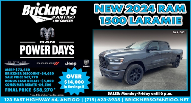 New 2024 RAM 1500, Brickners of Antigo, Antigo, WI