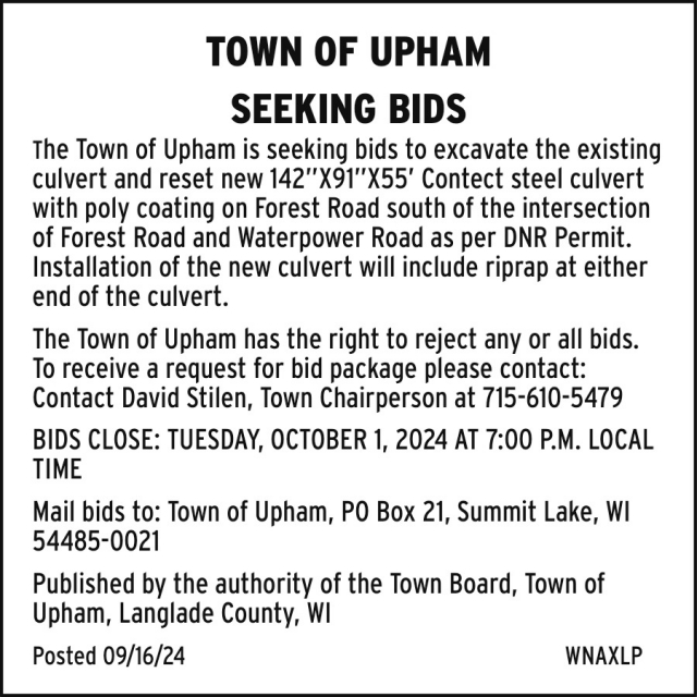 Seeking Bids, Town of Upham, Summit Lake, WI