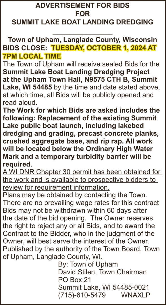 Advertisement for Bids, Town of Upham, Summit Lake, WI