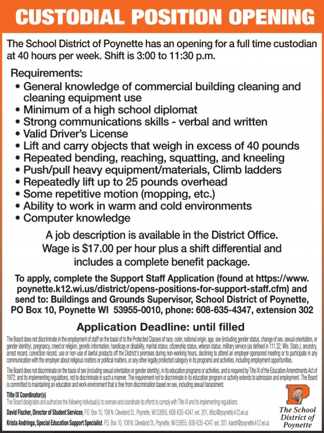 Custodial, The School District of Poynette, Poynette, WI