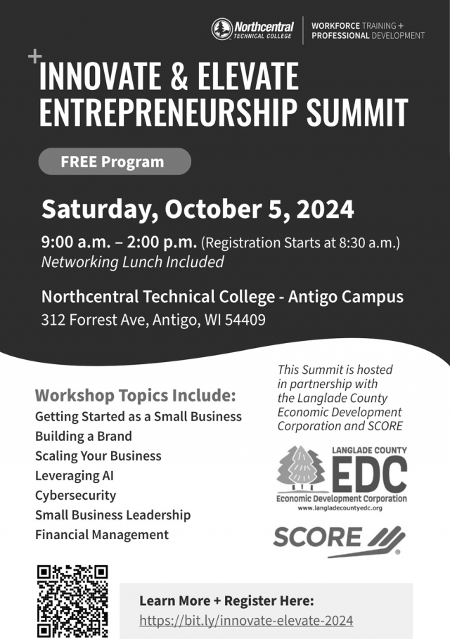 Innovative & Elevate Entrepreneurship Summit, NorthCentral Technical College - Antigo, Wausau, WI