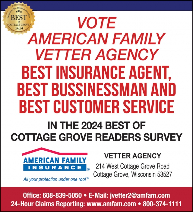 Vote Best Insurance Agent, American Family Insurance - Tom Vetter, Cottage Grove, WI