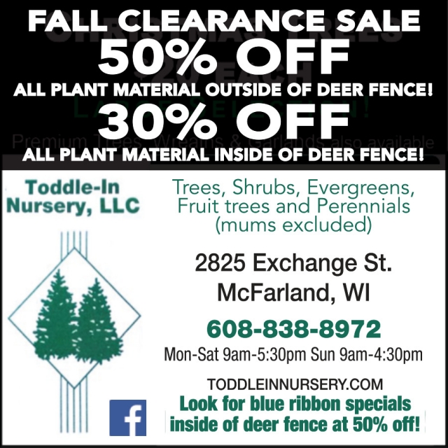 Fall Clearance Sale, Toddle-In Nursery, LLC, Mcfarland, WI