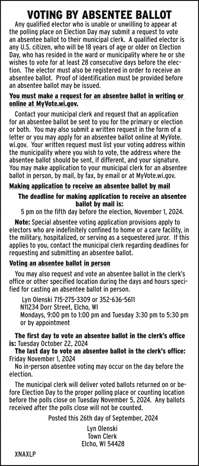 Voting by Absentee Ballot, Town Of Elcho, Elcho, WI