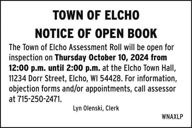 Notice of Open Book, Town Of Elcho, Elcho, WI