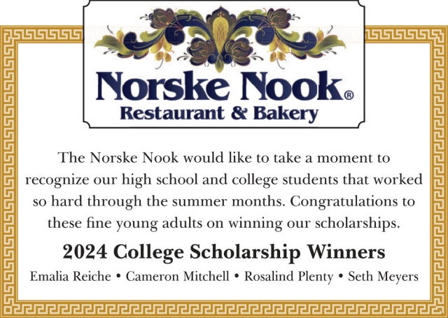 2024 College Scholarship Winners, Norske Nook Restaurant & Bakery, Deforest, WI