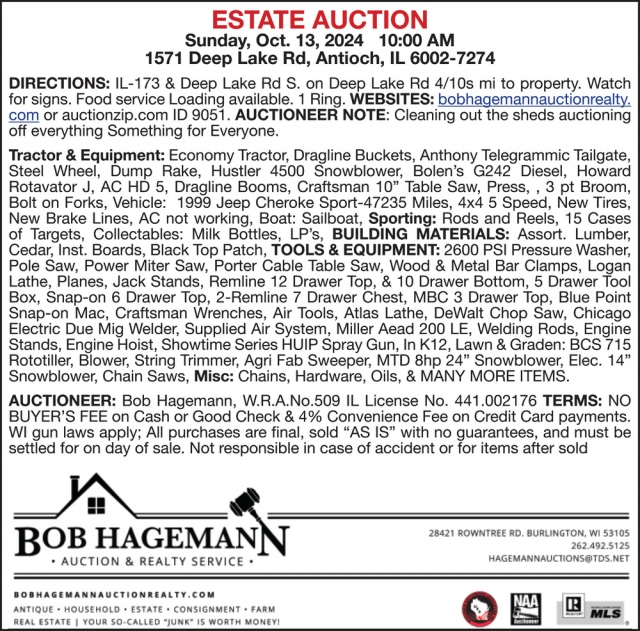 Estate Auction, Bob Hagemann Auction & Realty Service, Burlington, WI