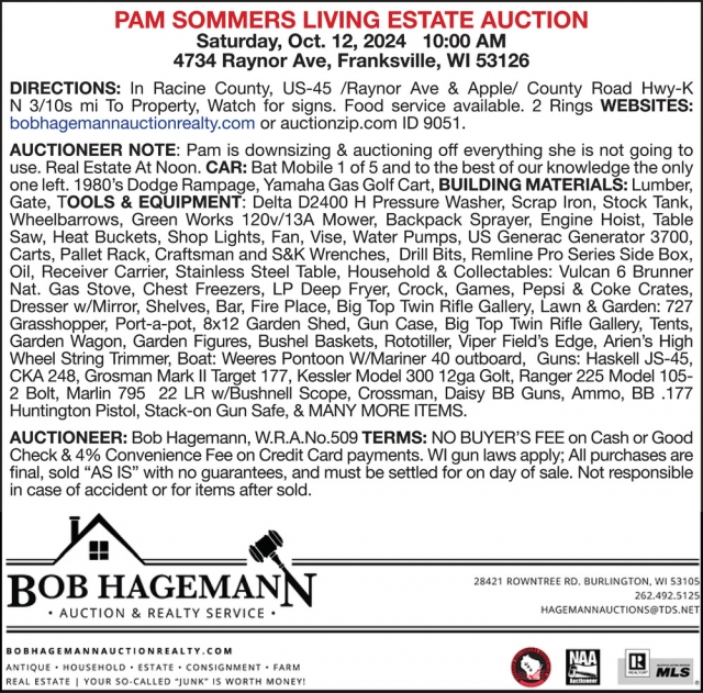 Pam Sommers Living Estate Auction, Bob Hagemann Auction & Realty Service, Burlington, WI