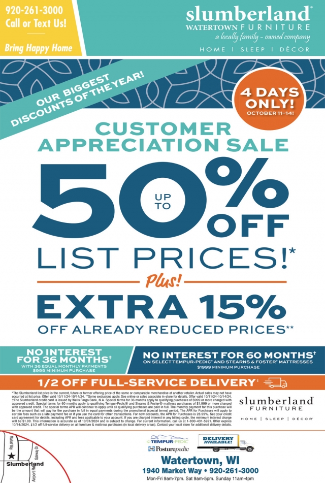 Customer Appreciation Sale, Slumberland Furniture - Watertown, Watertown, WI