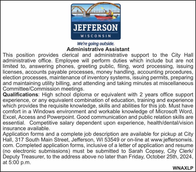 Administrative Assistant, City Of Jefferson, Jefferson, WI