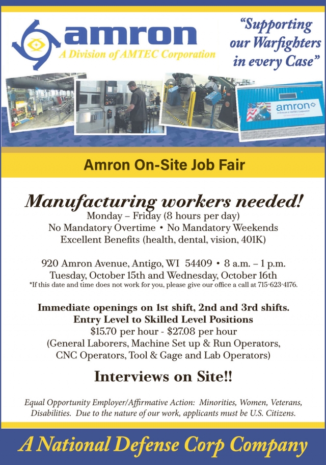 Manufacturing Workers Needed!, Amron, LLC, Antigo, WI