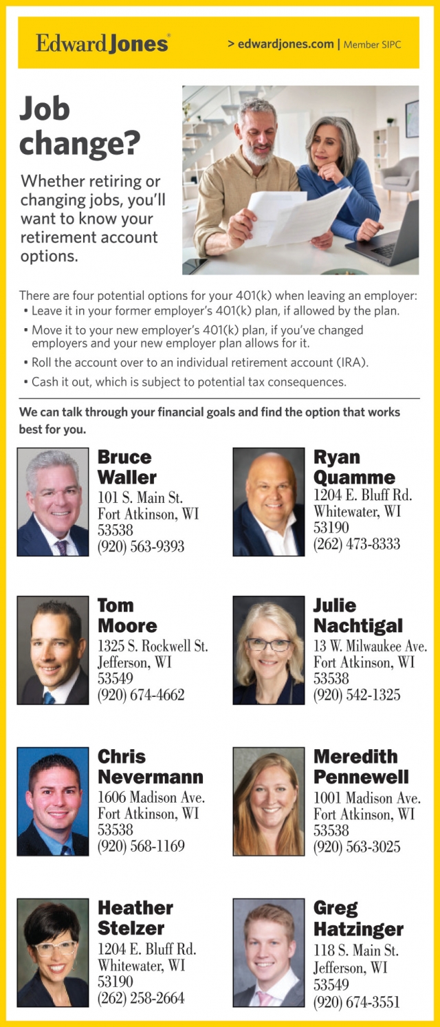 Financial Advisors, Edward Jones - Tom Moore, Julie Nachtigal, Meredith Pennewell, Greg Hatzinger, Ryan Quamme, Heather Stelzer, Bruce Waller, Chris Nevermann, Jefferson, WI