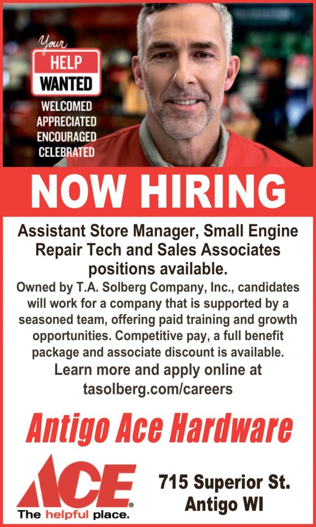 Now Hiring, Ace Hardware Antigo