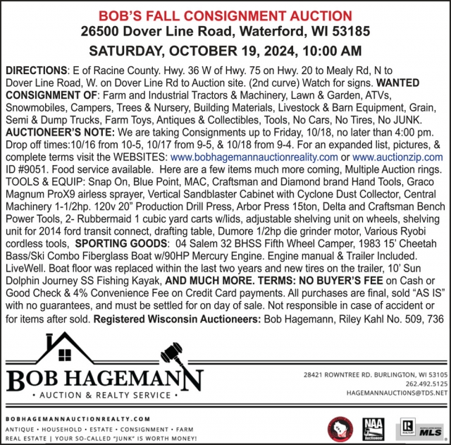 Bob's Fall Consignment Auction, Bob Hagemann Auction & Realty Service, Burlington, WI