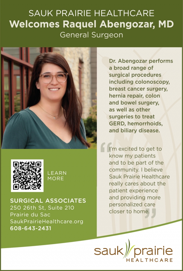 Welcome Raquel Abengozar, MD, Sauk Prairie Healthcare, Prairie Du Sac, WI