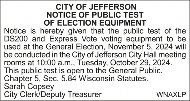 Notice of Public Test, City Of Jefferson, Jefferson, WI