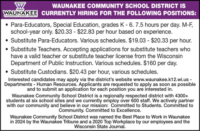 Para-Educators, Waunakee Community School District, Waunakee, WI