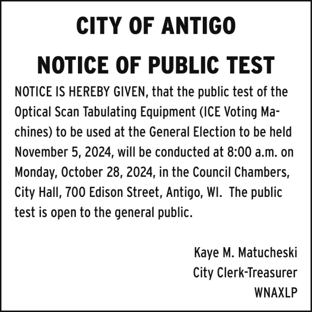 Notice of Public Test, City of Antigo, Antigo, WI