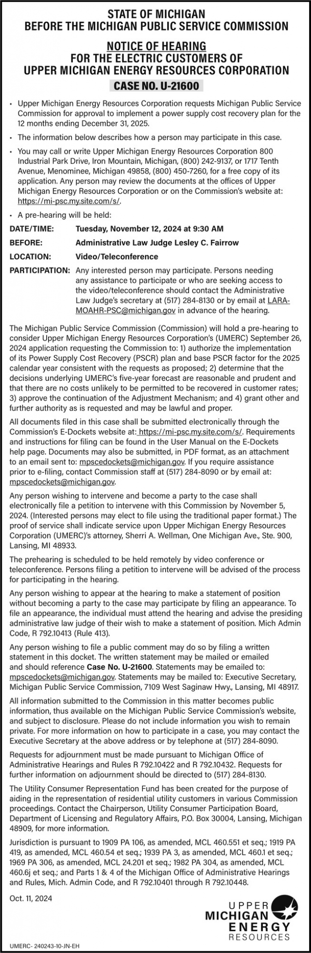 Notice of Hearing, Upper Michigan Energy Resources